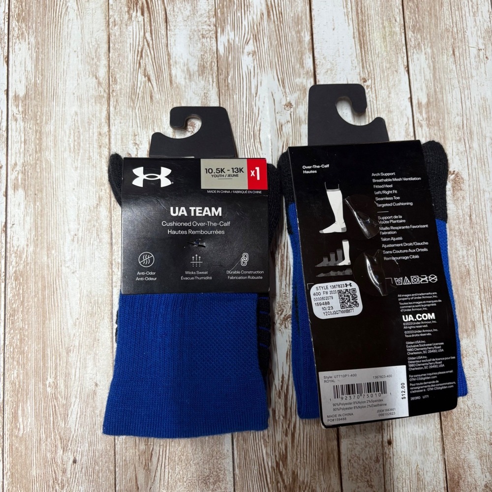 2 Under Armour UA‎ Team Socks Youth 10.5K-13K Royal Blue Cushioned Over-The-Calf